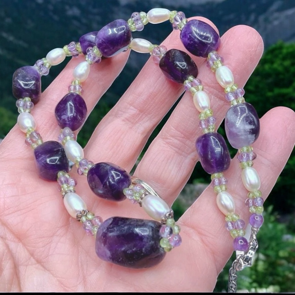 🌺Amethyst, 925, Pearl & Peridot Necklace